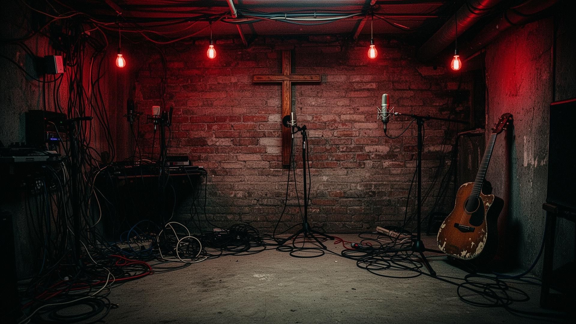 Martin Barrett — exposed brick, red lights, wooden cross, tangled cables